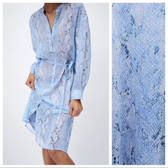 NWT. Zara Blue Semi-Sheer Animal Print Shirt Dress. Size S. - Picture 3 of 10